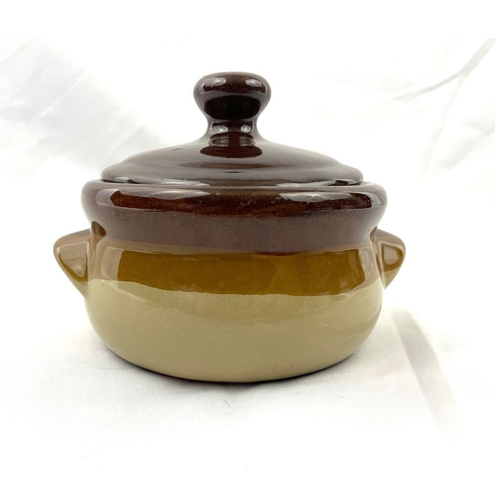 VTG Stoneware‎ Pottery Bean Pot Double Handled Brown 3 Tones Small